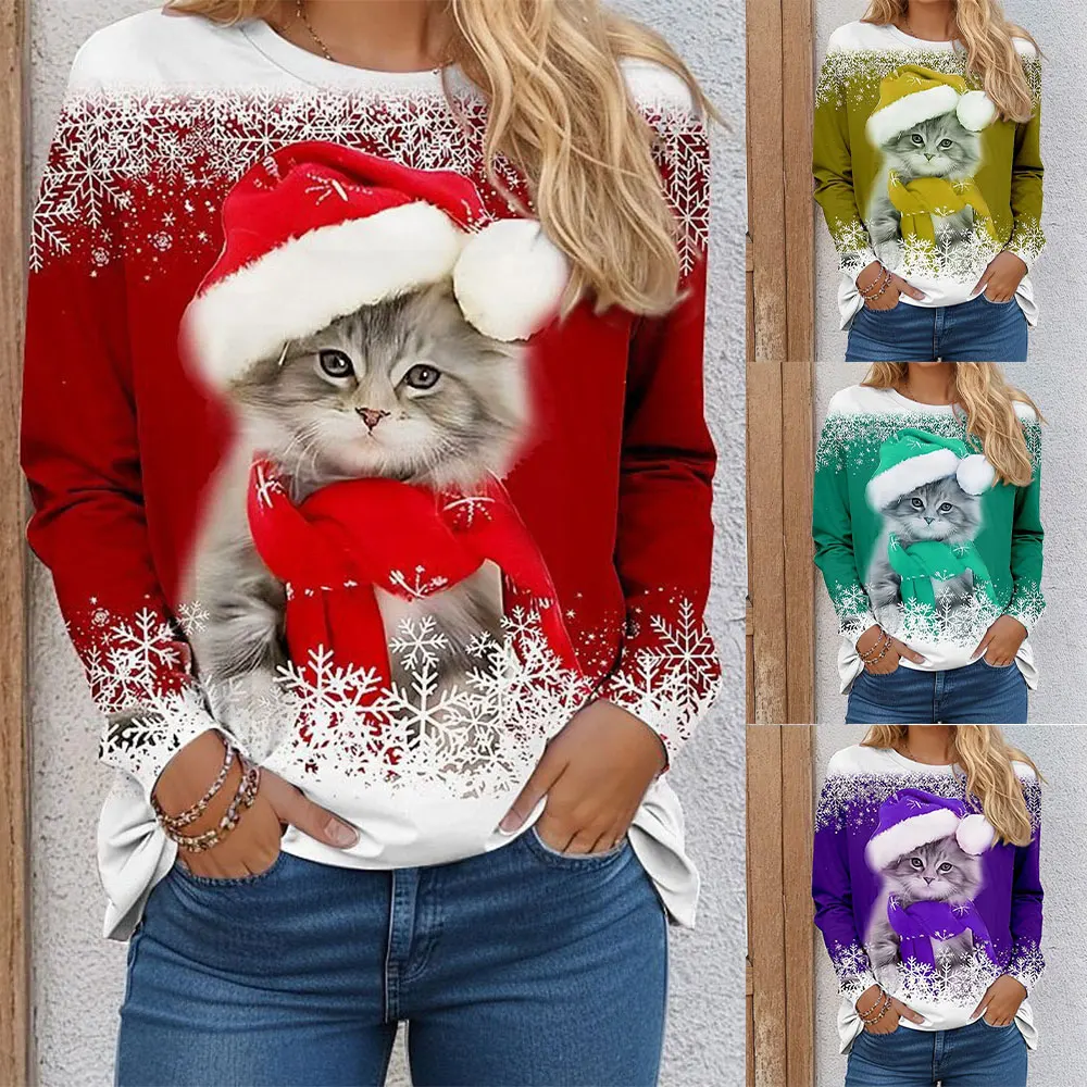 

Fashionable Christmas Cat Christmas Hat Long Sleeve Printed Women's T-shirts Ladies Casual Top Tee Woman Clothes