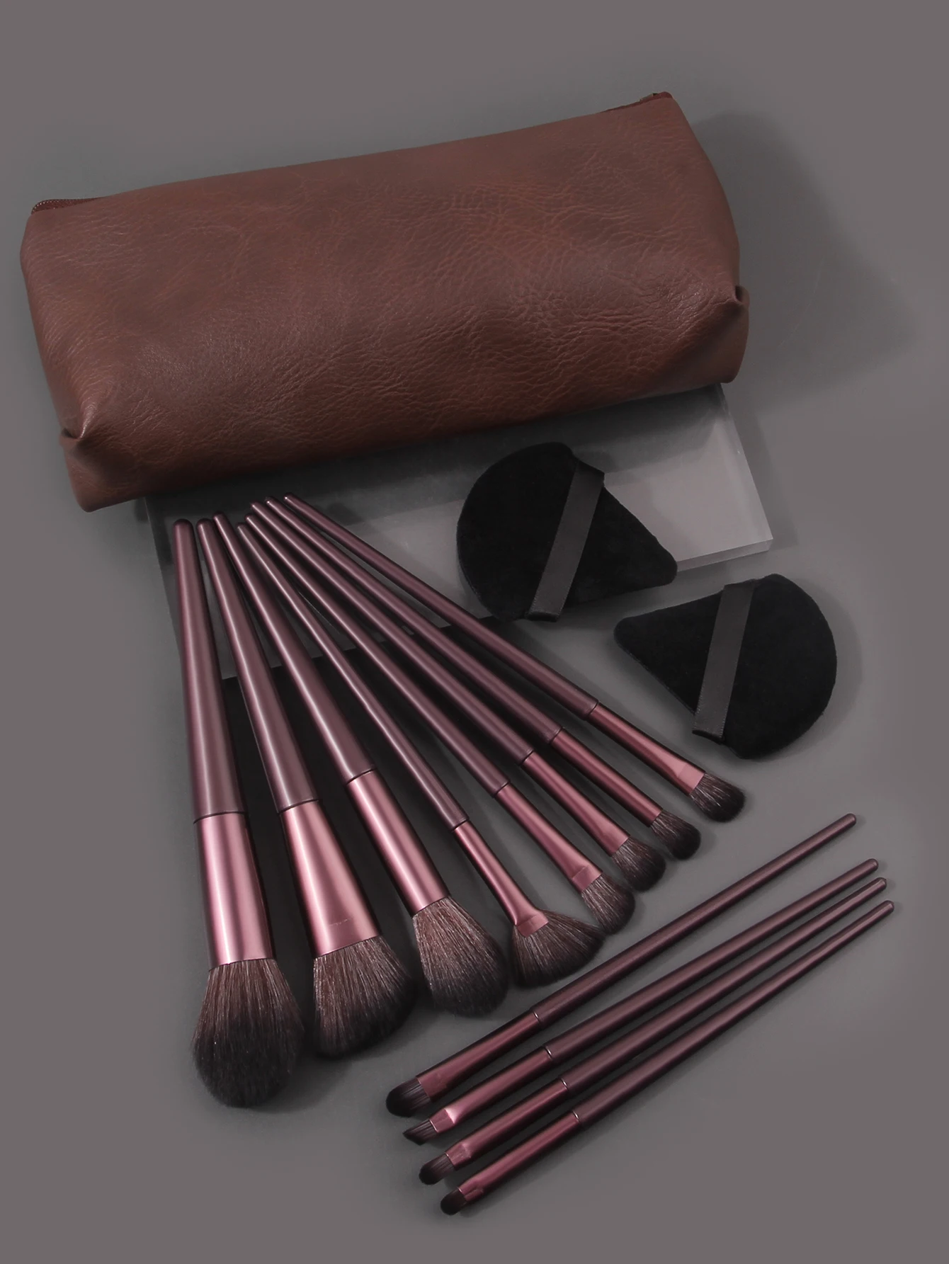 12pcs dark brown makeup brush set+2 triangular powder puffs+retro high-end storage bag portable travel professional makeuptools