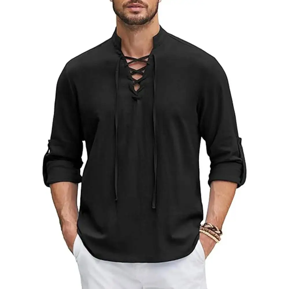 

Men Shirts Breathable Cotton Linen Henry Shirt Formal Vintage Long Sleeve Blouse Social Camisa Lace Up Yoga Tees Dress Chemise