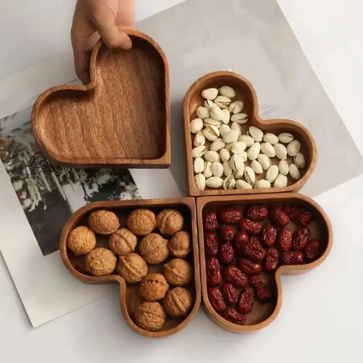 

Wooden Tray For Dried Fruits Heart-shaped Wooden Tray Set For Serving Snacks Fruits Multi-purpose Stackabl