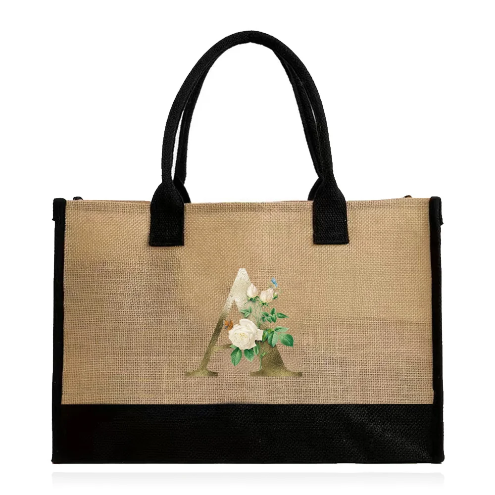Jute Beach Bag Ladies Handbag Women Holiday Shopping Bags Casual Fashion Grocery Storage Bag Original Golden Flower Printing