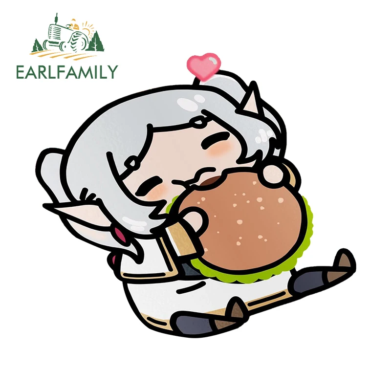 EARLFAMILY 13cm X 11.6cm for Frieren Eating Burger Chibi Happy Car Stickers Personality Creative Decals Vinyl Car Wrap Decor
