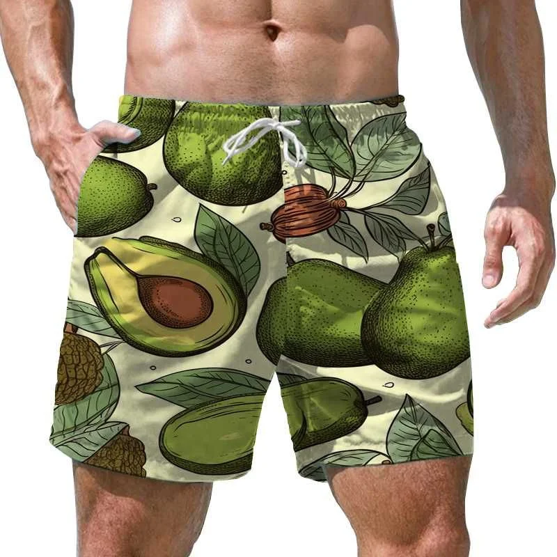 Shorts de praia de abacate estampado em desenhos animados para crianças, calças curtas casuais soltas, férias de verão, secagem rápida, prancheta de surfe