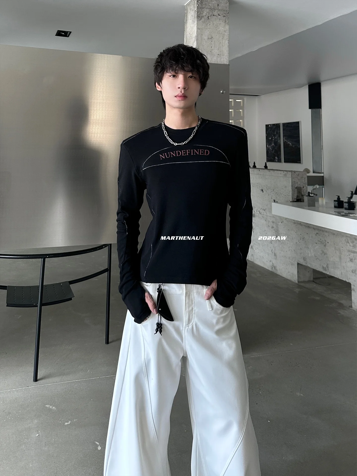 MARTHENAUT Men's Long Sleeve T-shirt Embroidered Padded Shoulder Letter round Neck Fashion Base Shirt Autumn New Style