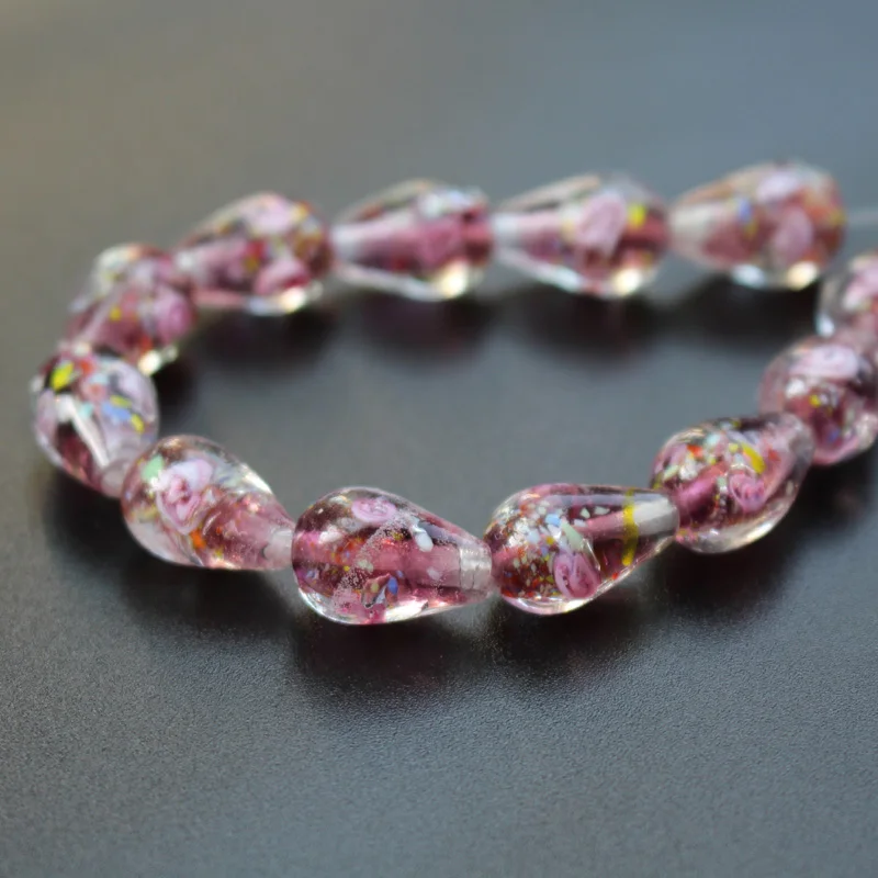 20Pcs 9mm*16mm Drop Shape Lampwork Glass Beads Flower With Inner Colorful Pieces DIY White Purple Color for Jewelry Making