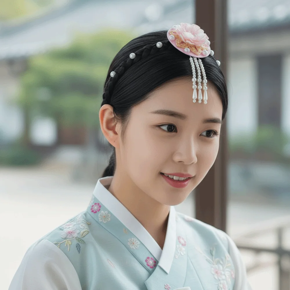 

Gift Flower Korean Headband Tassels Traditional Hanbok Hairband Pearl Headdress Stage Dance Hair Hoop Girl