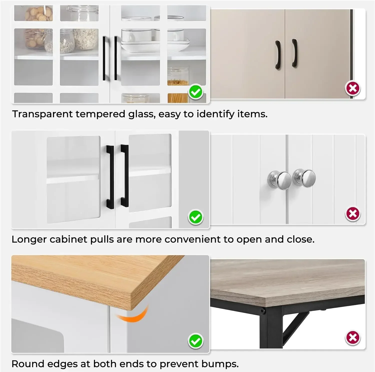 Armoire de rangement pour garde-manger de cuisine avec clapier, planche Chi autoportante, dessus de seau, portes en verre, étagères réglables, 72 en effet