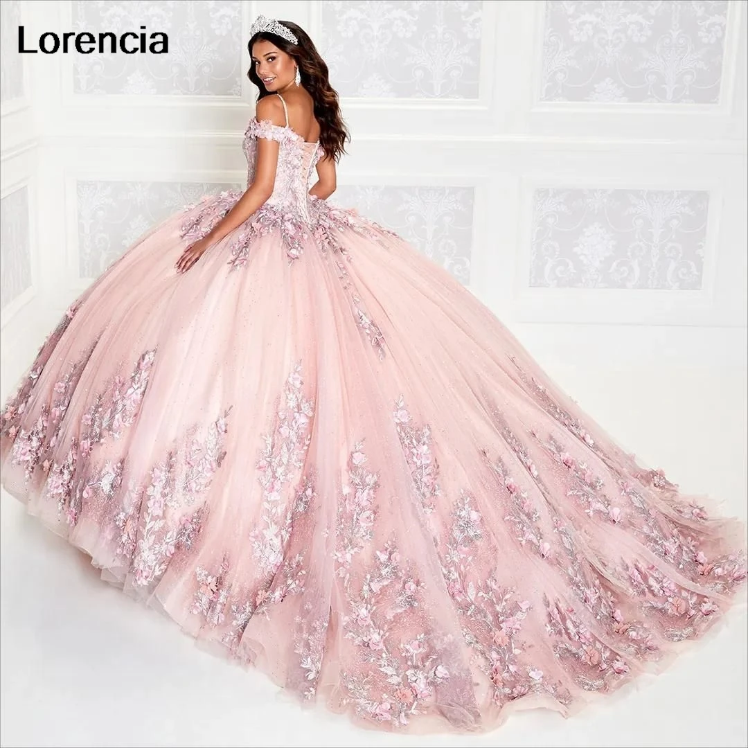 Lorencia Glitter Royal Blue Pink Quinceanera Dress 3D Flower Lace Applique Beading With Cape Sweet 16 Vestidos De 15 Años YQD663