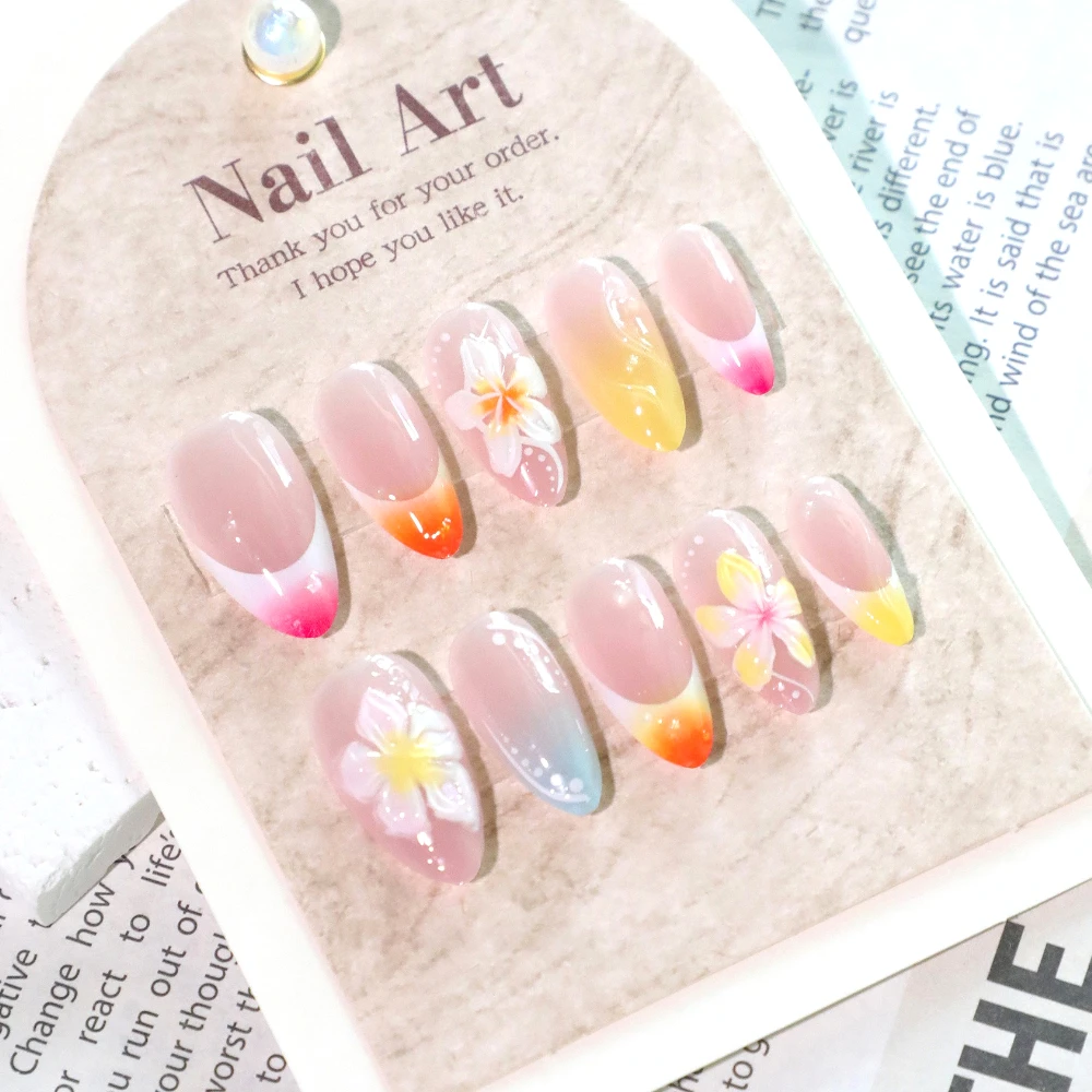 

Colored 3D Flowers Pink Yellow Orange French Nail Art Summer Fashion False Nails Detachable Finished Fake Nails Press on Nails