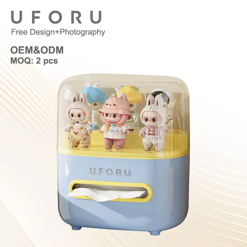 Uforu Desktop-Organizer aus klarem Acryl – transparente doppellagige Sammlerfiguren-Aufbewahrungsbox und Taschentuchbox-Halter