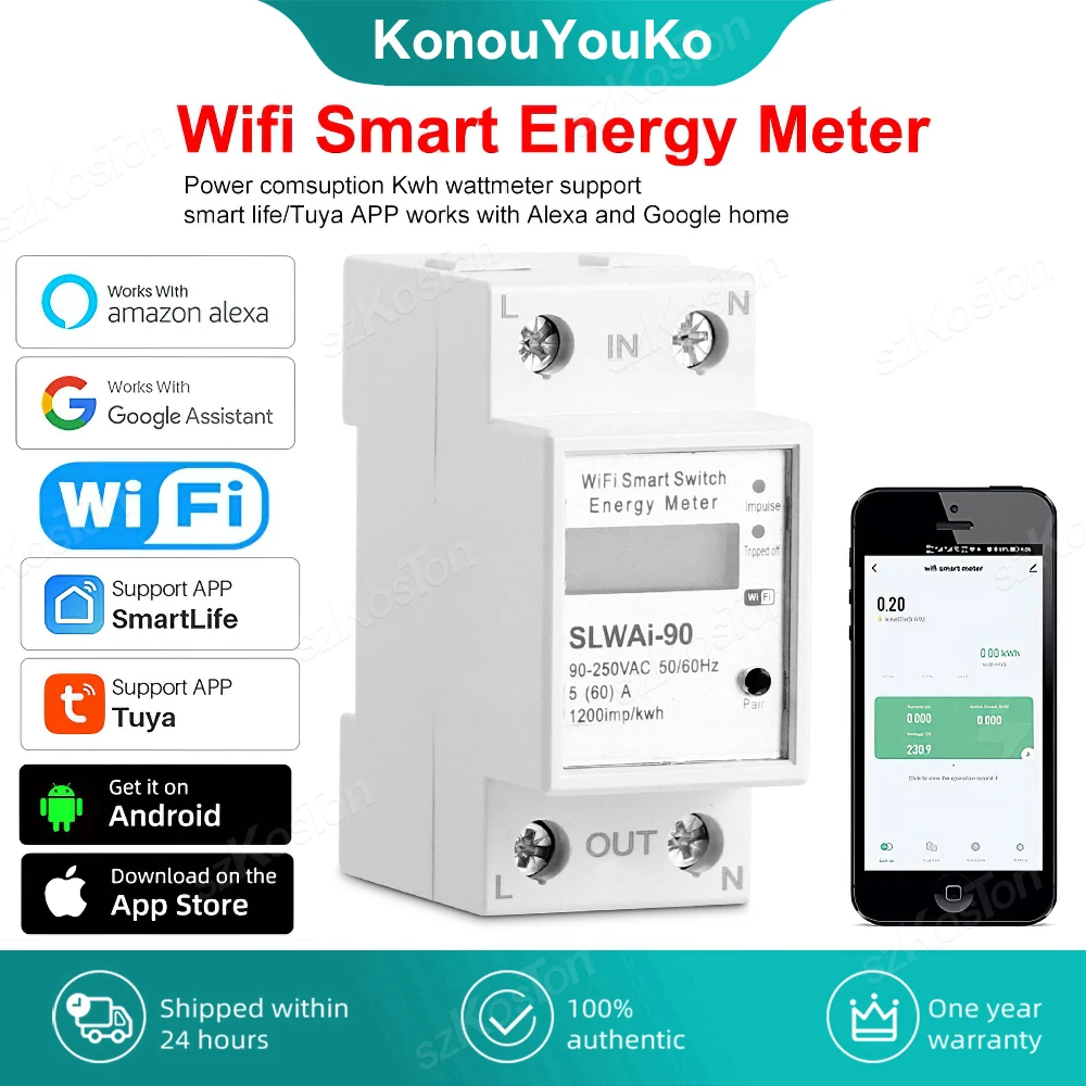 

Wifi Smart Energy Monitor Single Phase Din Rail Tuya Power Meter Consumption Kwh Meter Smart life Works With Alexa Google Home