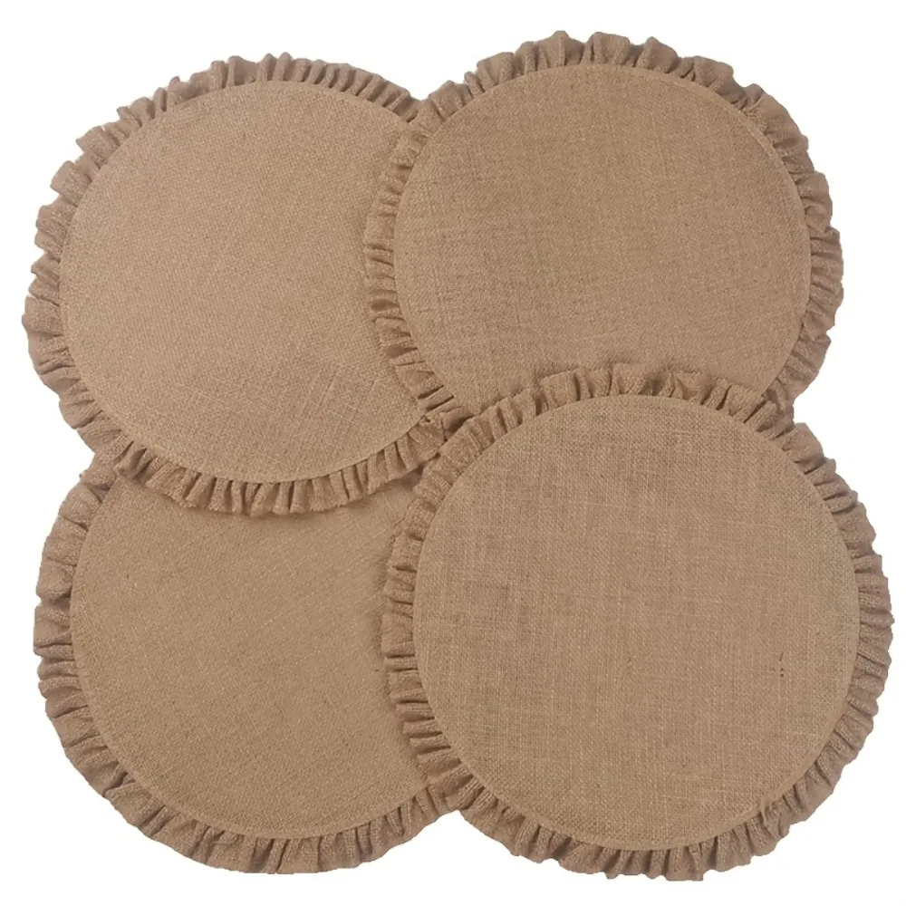 Beige Linen Round Placemat with Ruffled Edge Washable Table Mat for Thanksgiving Halloween, Christmas, and Parties