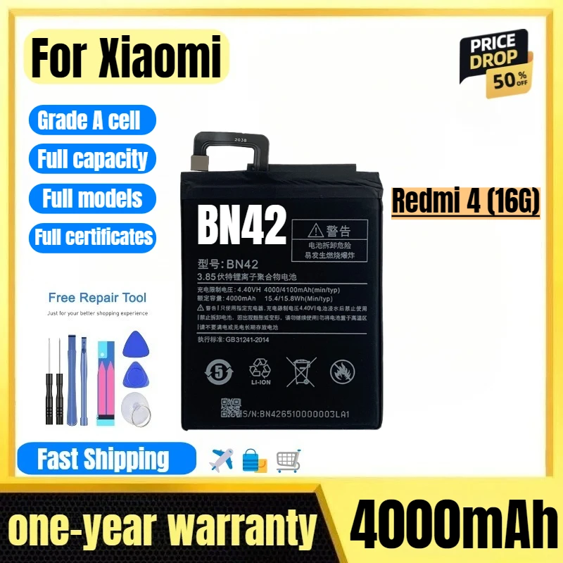 

BN42 for Xiaomi Redmi 4 (16G) Mobile Phone Battery High Quality High Capacity Battery Replacement Bateria Grade A Cell with Tool