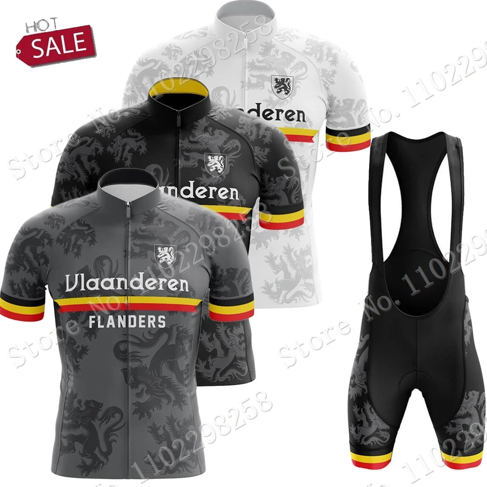 Vlaanderen Flanders 2023 Cycling Jersey Set Men Belgium Clothing Road Grey White Bike Suit Mountain Bicycle Shirt Bib Shorts MTB