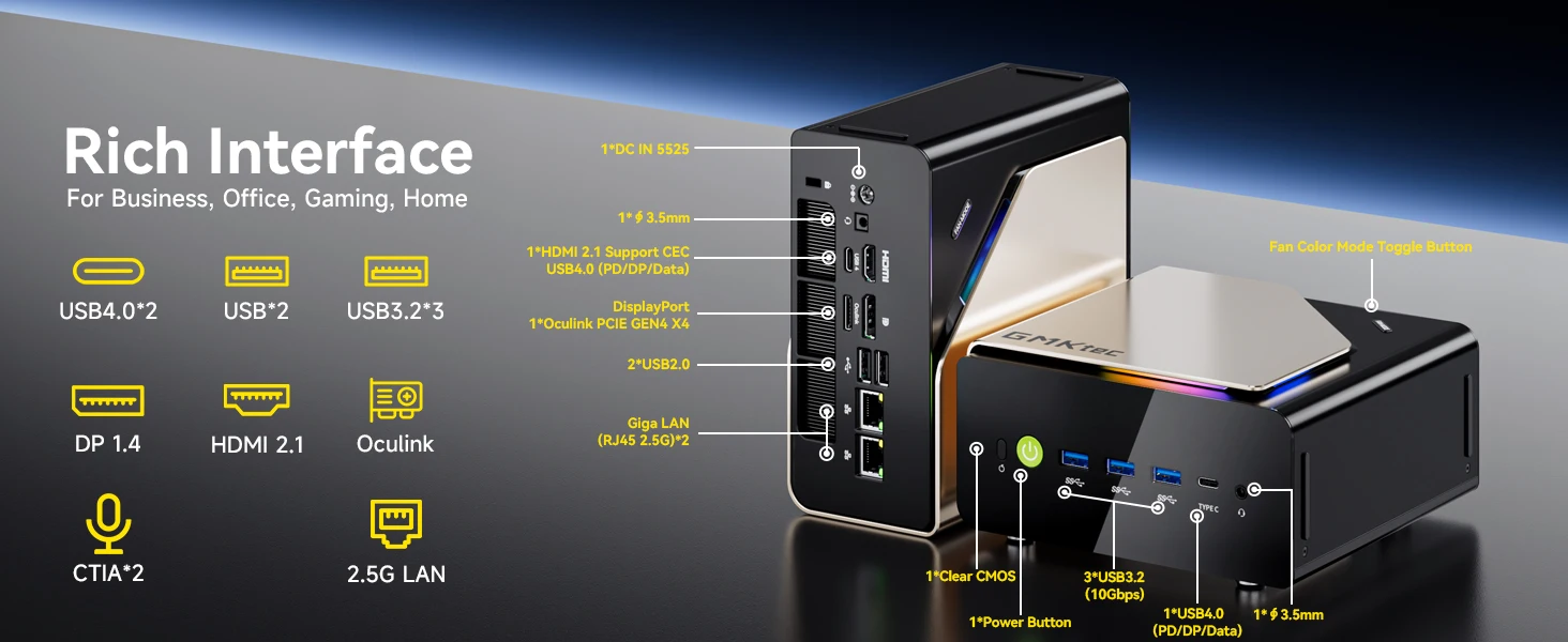 GMKtec EVO-T1 AI Mini PC Intel Core Ultra 9 285H DDR5 5600 USB4 Dual 2.5G LAN WiFi 6 BT5.2 Windows 11 Pro Gaming Desktop