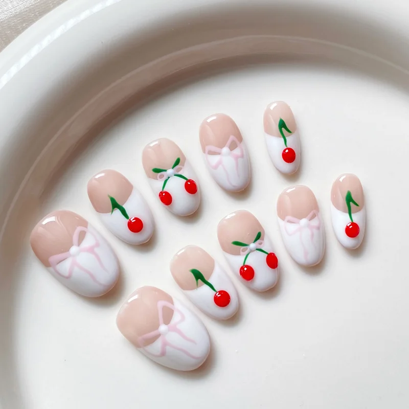 

10PCS Short Oval Handmade Press on Nails Design Cherry Acrylic False Nails Full Cover Reusable Cute Bowknot Artificial Fake Tips