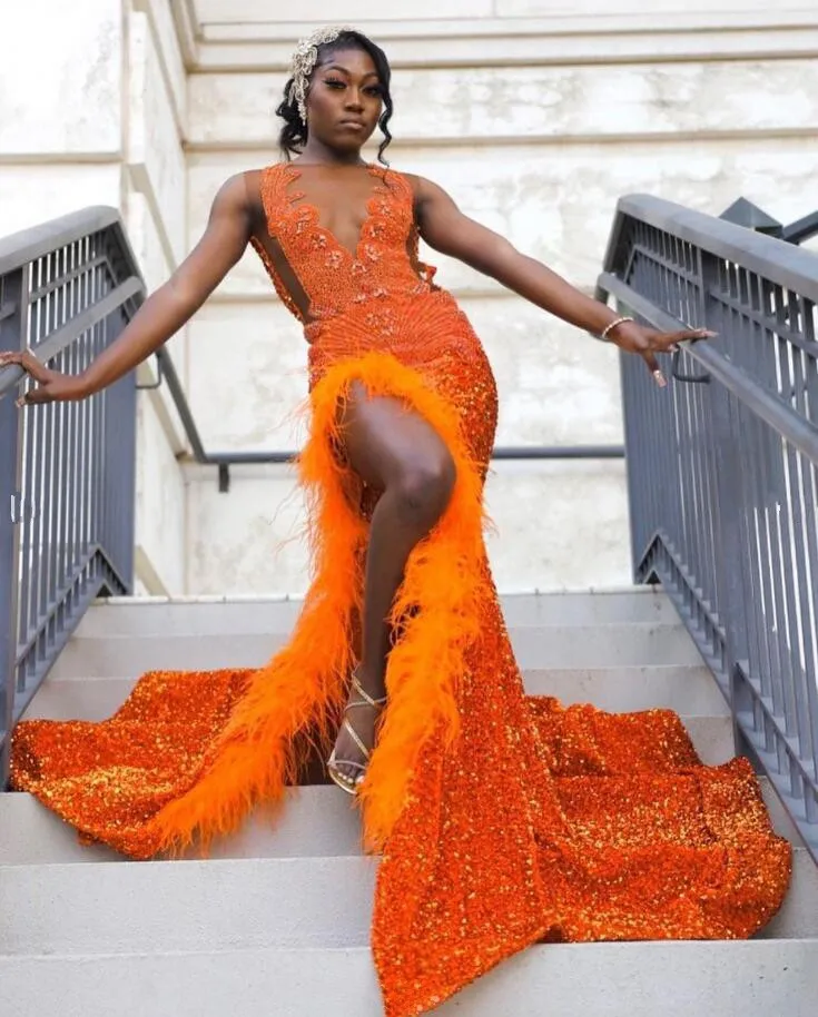 Orange Sparkly African Evening Reception Dresses for Women Luxury Diamond Crystal Feather Slit Prom Gown vestidos de fiesta