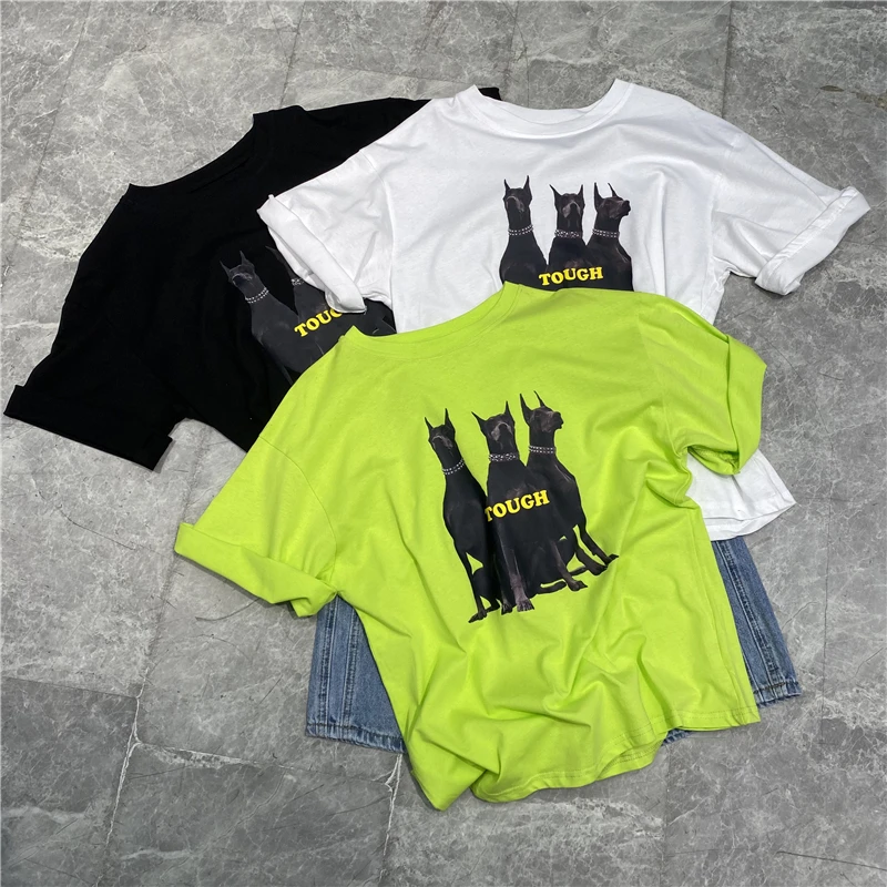 

New 2022 fashion Designer new style Famous brand fluorescence color Hound print letter T-shirt Retro Loose Couple Top