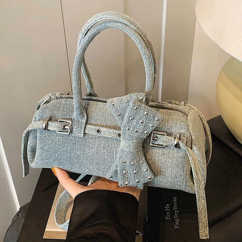 

Women's Blue Denim Handbags 2025 Trendy Fashion Versatile Crossbody Bags Bow Decorate Diamonds Single Shoulder Bag