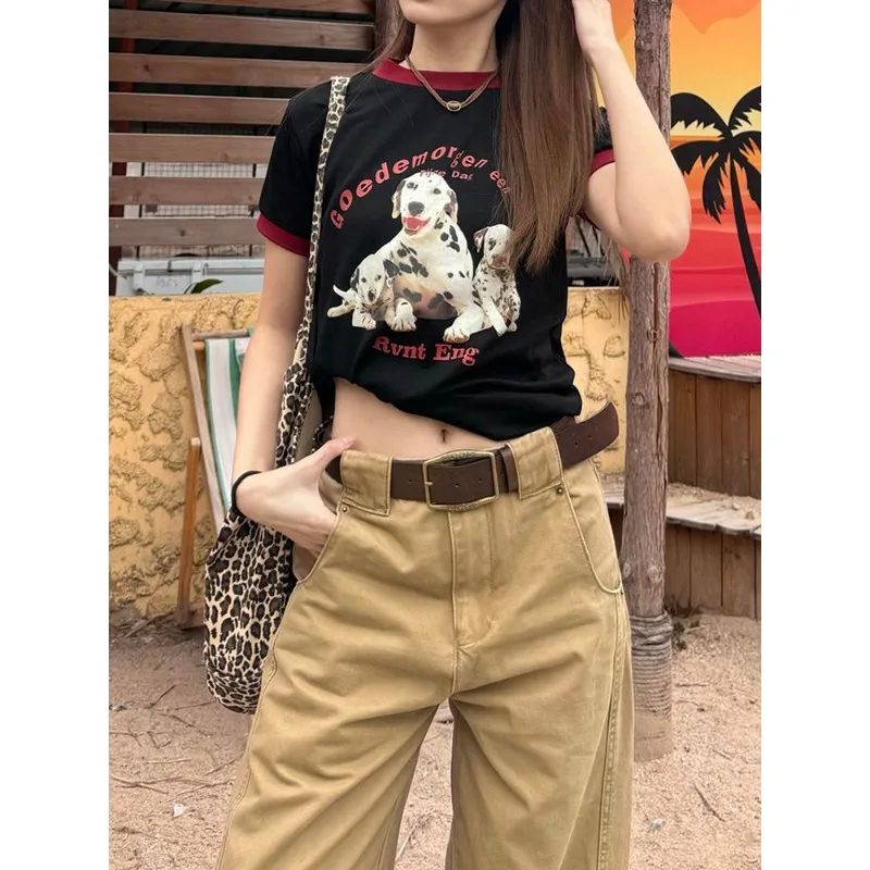 Damskie jeansy w stylu amerykańskim retro, luźne, z wysokim stanem, proste nogawki, vintage, z zakrzywionym krojem, nowe letnie spodnie do ziemi.
