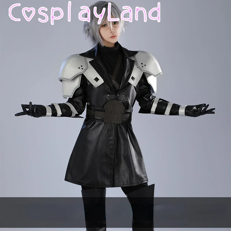 

Teen Sephiroth Cosplay Costume FF 7 Black Fantasy Leather Coat Accessories Full Set Outfit Halloween Carnival Party Men Suit