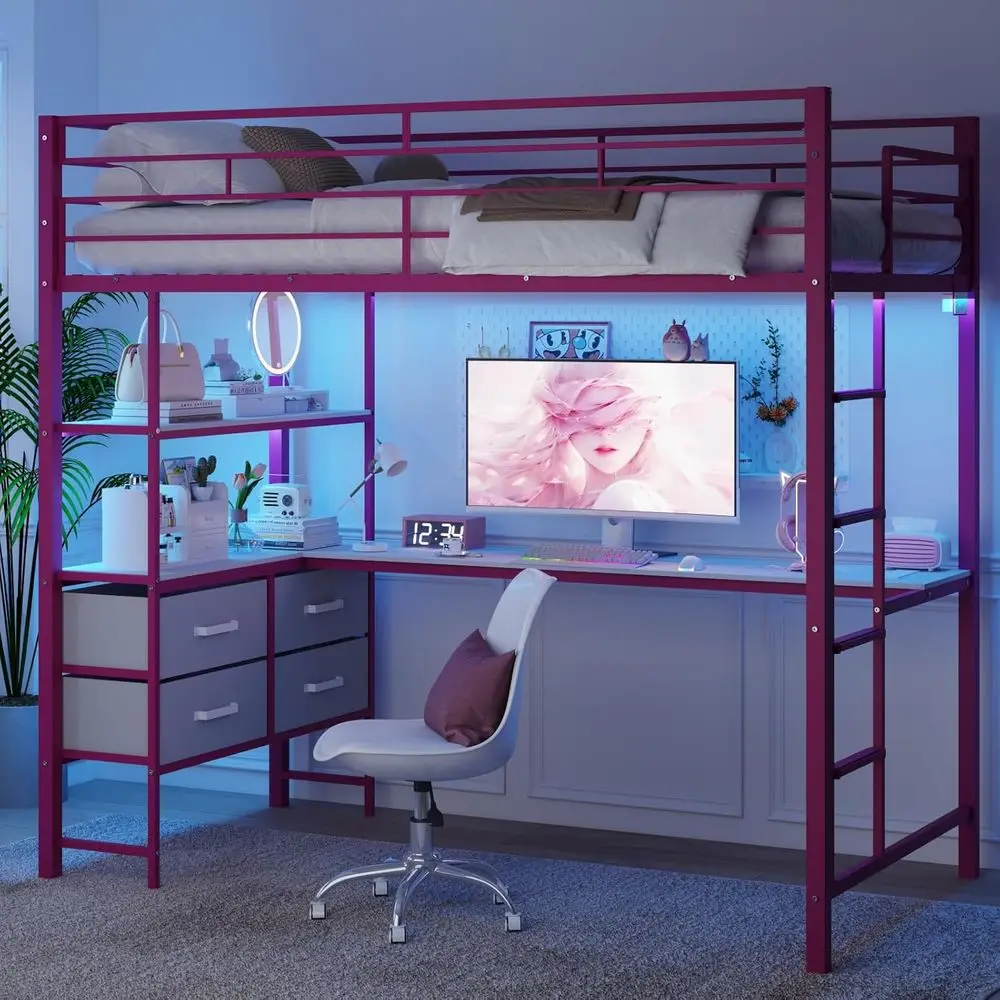 

Metal Loft Bed with L-Shaped Desk, Guardrail, Non-Slip Ladder, Charging Stations, Storage Shelves, LED Lights, Suitable for Kids