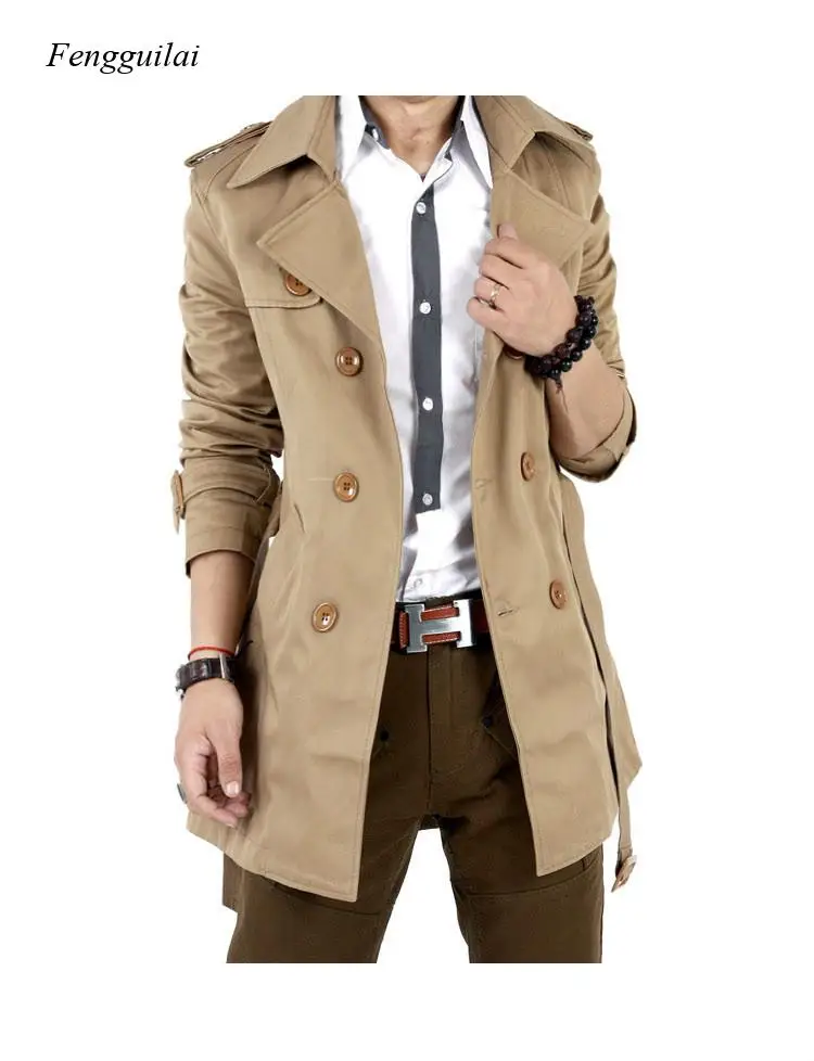 Men\'s Windbreaker Jacket Vintage Black Khaki Spring Autumn Business Trench Male Double Breasted Retro Classic Long Coat Men