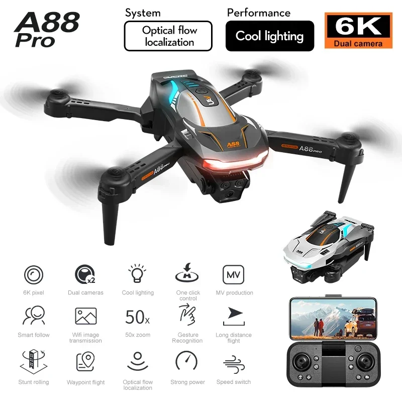 

A88 8K GPS Drone Dual Cameras 5G Obstacle Avoidance Brushless Motors 10KM Range Optical Flow Positioning Upgraded RC Quadcopter