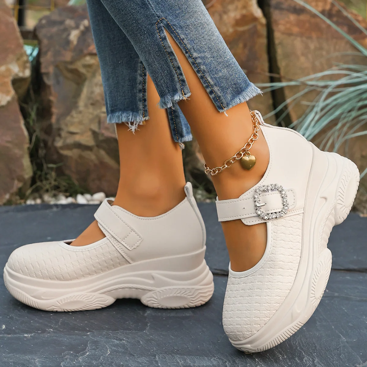 Rhinestone Buckle Thick Bottom Mary Jane Shoes Women Spring White Black Patent Leather Wedge Sneakers Lady Height Increase Shoes - view 2