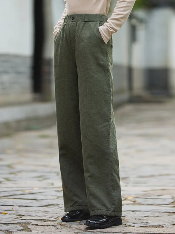 المرأة Thiened الكتان القطن مستقيم الساق السراويل الشتاء الدافئة ملابس خارجية غير رسمية بنطلون مريح فضفاض صالح السراويل الطويلة