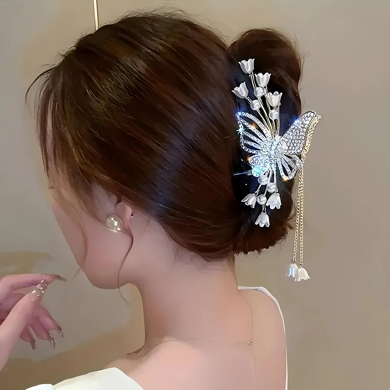 Sweet Butterfly Hair Clip Sparkling Rhinestone Jewelry Hair Accessories Artificial Pearls Women Exquisite Gift Tassel Hair Claws