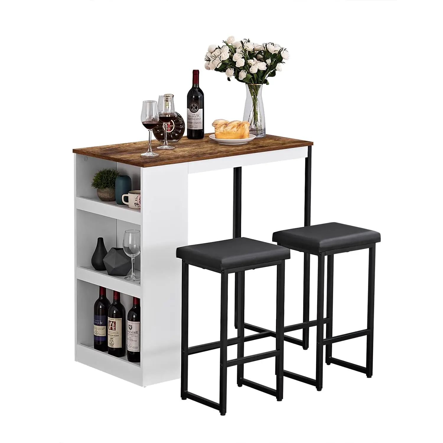 

3-Piece Bar Table Set With 2 Stools And Storage Shelves Counter Height Dining Table
