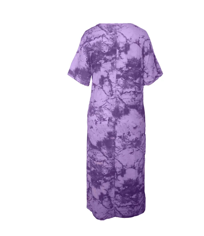 Plus size women s fashion trend dress in a vibrant tie dye style showcasing short sleeves and a stylish slit hem that perfectly