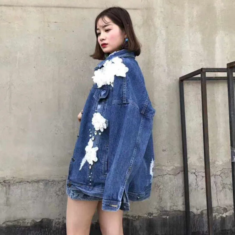 ANJY Spring Autumn New Women European Style Heavy Embroidered Flares Three-Dimensional Floral Ripped Stylish Denim Jacket A22804