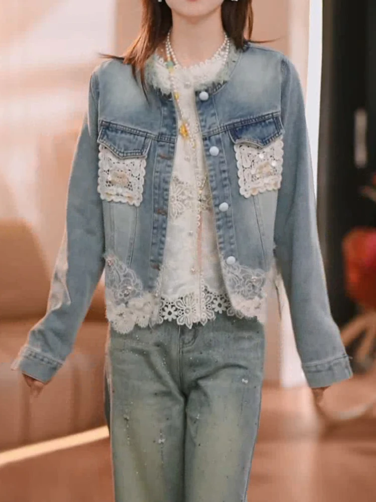 Lace Stitched Loose Lapel Chic Denim Jackets Women's 2025 Spring New Contrast Color Long-sleeve Tops Feminine Trendy Denim Coats