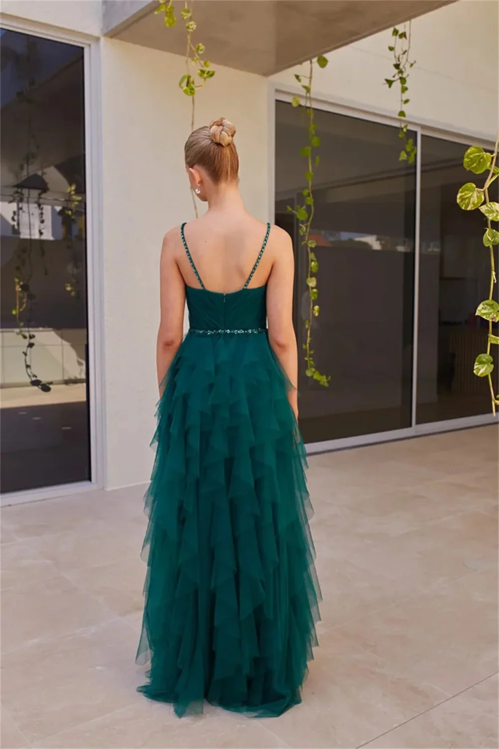 Sansa Elegant Multilayer Green A-Line Glitter Lace Evening Dress Floor-Length Wedding Dresses Spaghetti Strap vestidos de fiesta