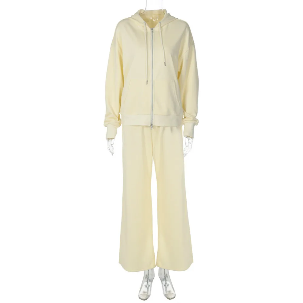 XIAOTANG Hooded Sweatshirt Celana Panjang Kasual 2 Potong Set Fashion Wanita Musim Gugur Sweatshirt Ritsleting dan Celana Panjang Tali Serut Set