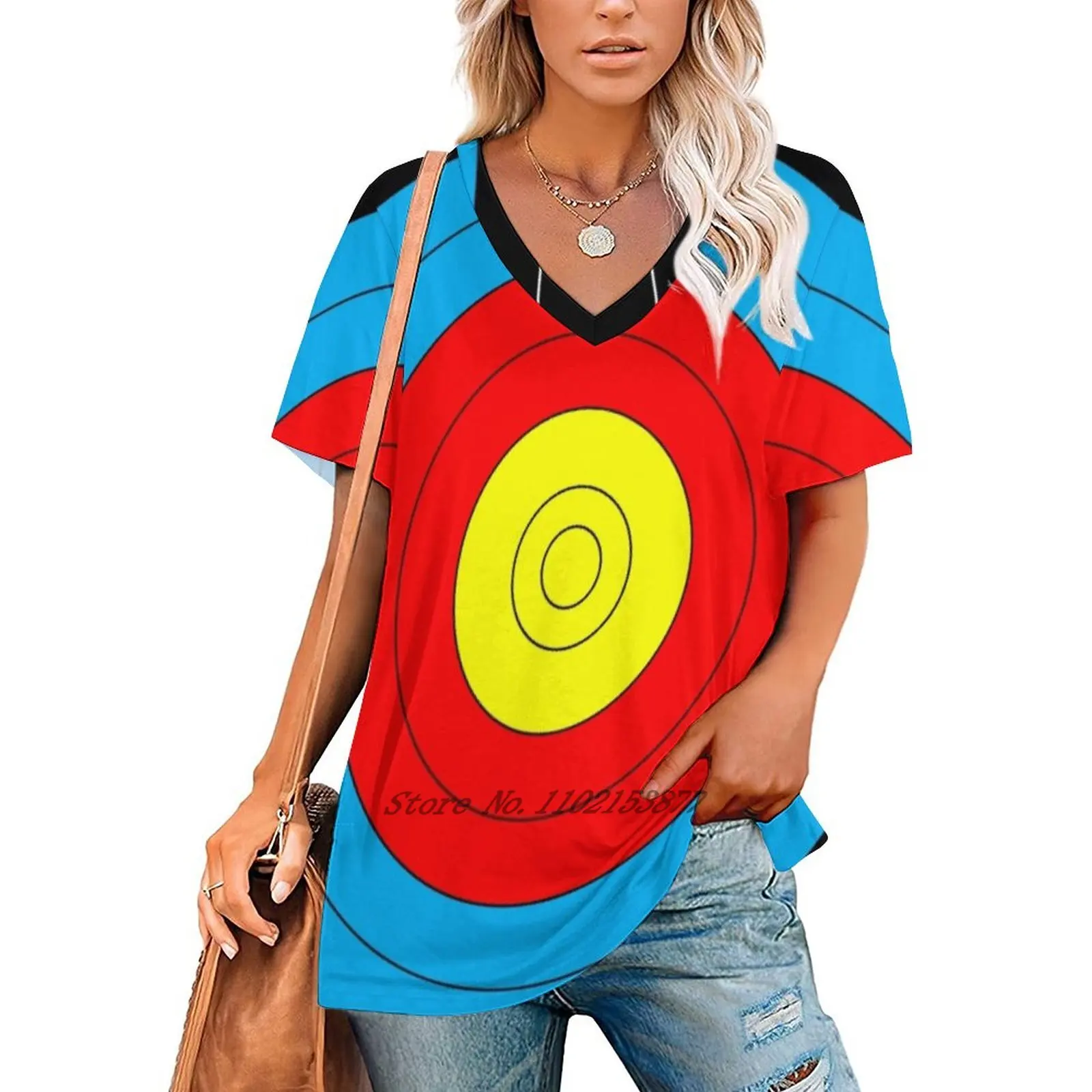 Target Women V Neck T-Shirt Casual Sexy T Shirts Hollow Out Zipper Pullover Top Bow Arrow Shooting Bullseye Target Circle Ring