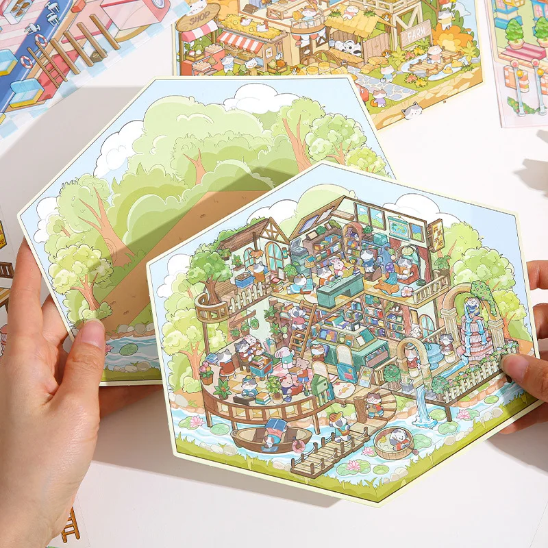 Kawaii 3D Fun Farm Cartoon Animal Theme Landscape Sticker Cabin Scene DIY Toy Game Sticker Festival Birthday Gift for Gir
