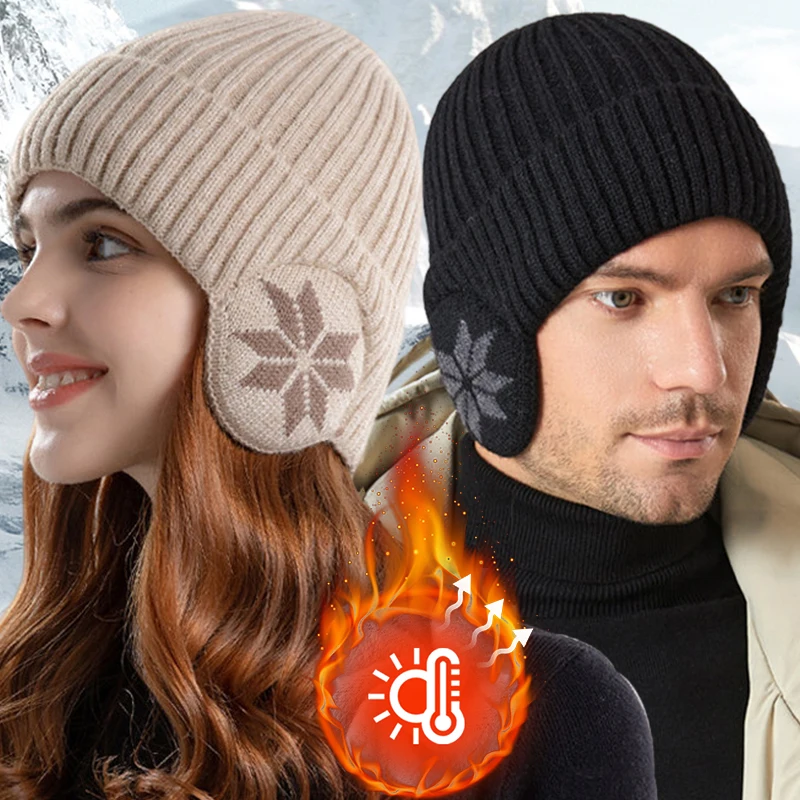 Winter Warm Plush Knitted Benines for Men Women Snow Fashion Skullies Hat Unisex Outdoor Coldproof Ear Protection Wool Caps