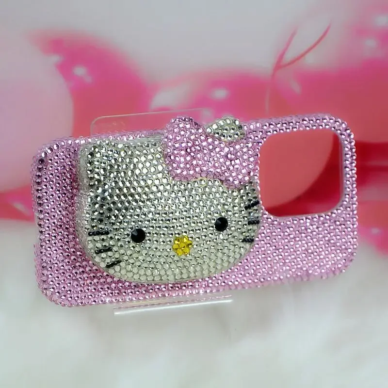 Rhinestone Phone Case with Puff Mirror, Jewelry for iPhone 15 16 Plus, 11 12 Pro, 13 Mini, 14 Pro Max, Xs Max, Pink, Hello Kitty