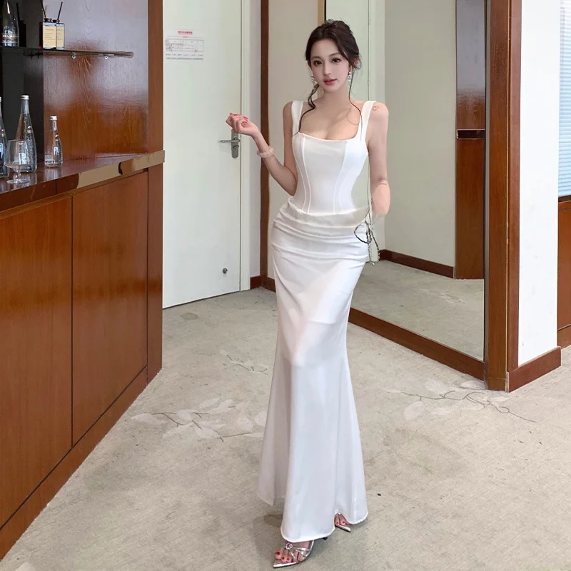 

Elegant White Strapless Satin Dress Slimming Sexy High Waist Long Summer Gown for Women High Quality Pure Desire Style