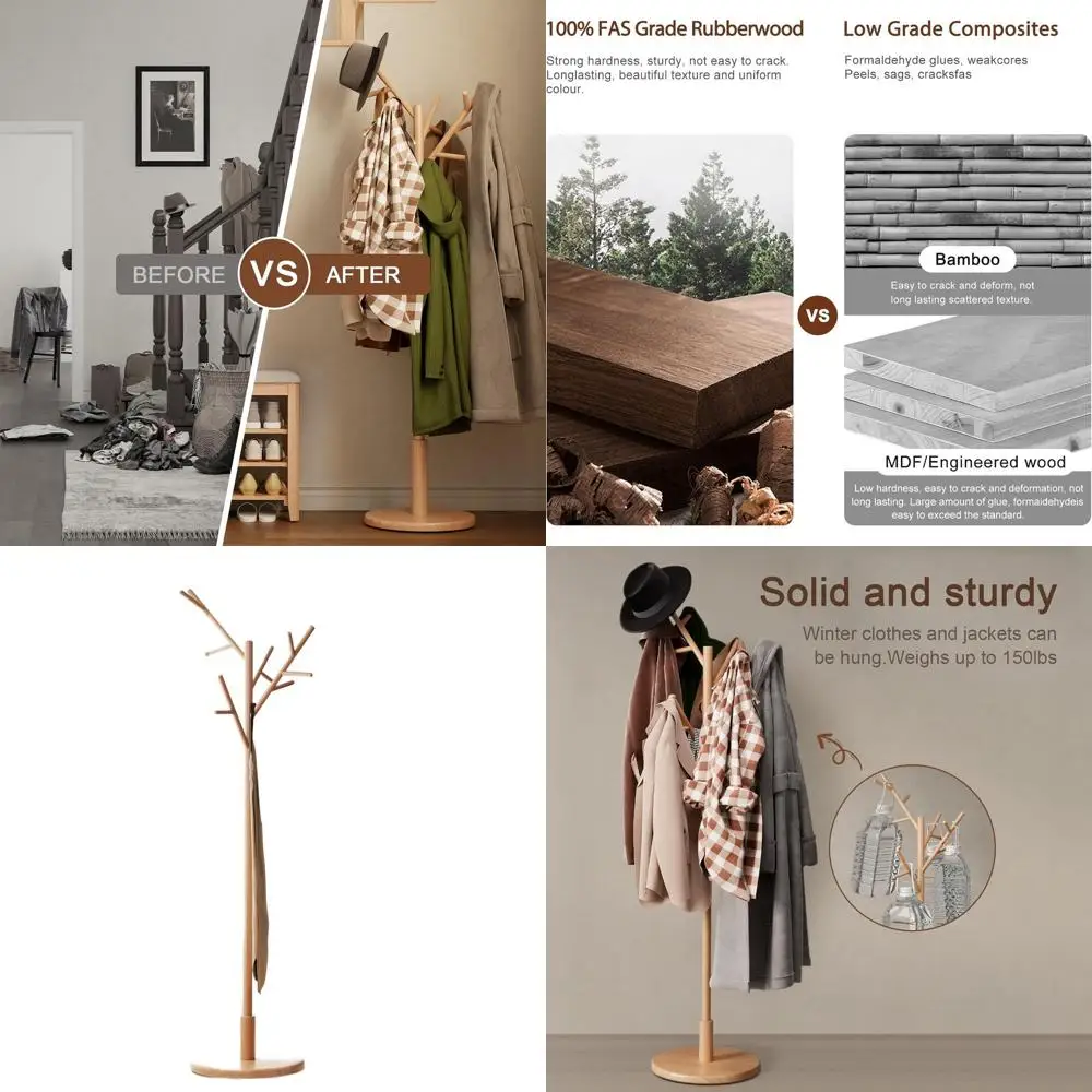 

12-Hook Solid Wood Coat Rack - Adjustable Height, Natural Finish for Entryway and Bedroom