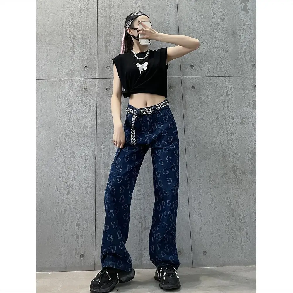 Retro Jeans Women's Spring/Summer New Love Print Wide Leg Pants Korean High Waist Loose fitting Fashion Casual Denim Pants