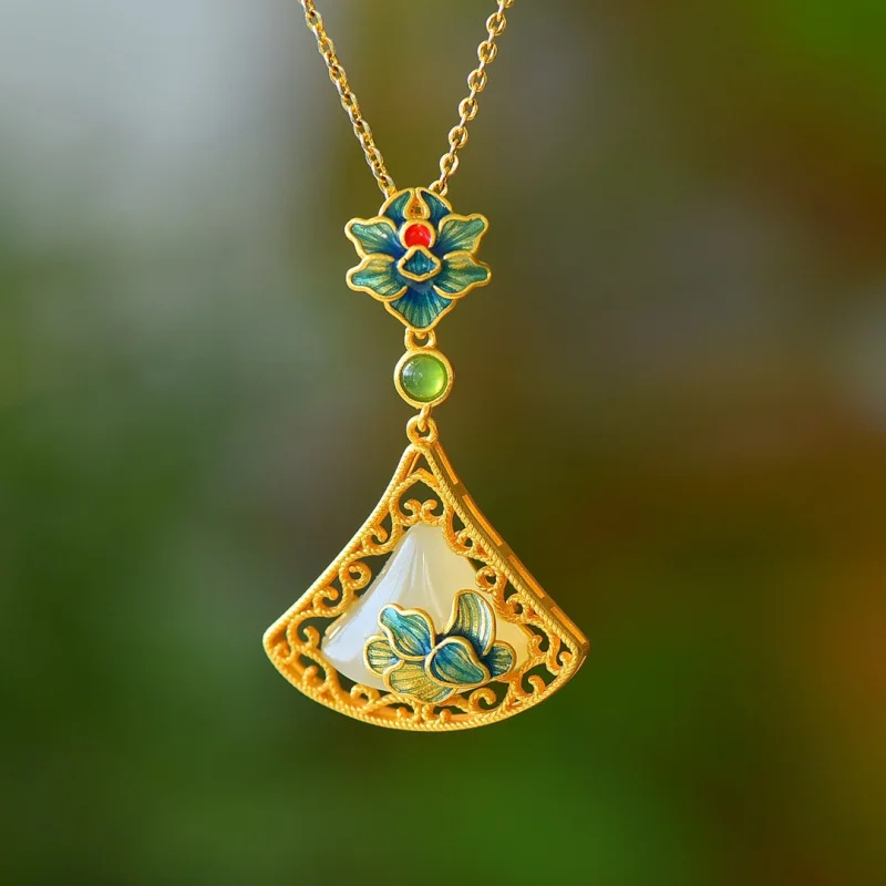 With Certificate Cheongsam Hanfu Jade Pendant Ancient Style Silver Plated Gold Color Cold Enamel Cloisonne Shell Shape Hetian Ja