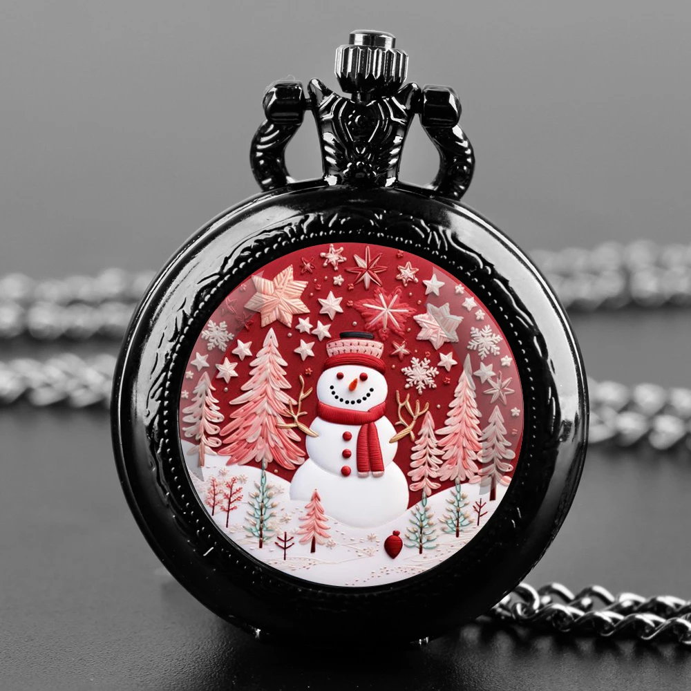 Christmas Snowman Glass Dome Quartz Pocket Watch With Durable Chain Arabic Numeral Dial Extraordinary Gifts for Men Kids