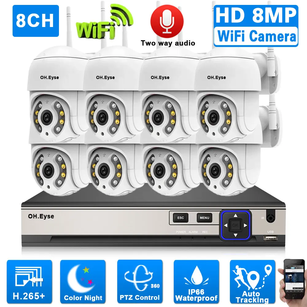 

4K 8CH POE NVR Security System with 8MP Wifi PTZ Camera Auto Tracking Color Night Vision 8 Channel CCTV IP Camera System Kit 4CH