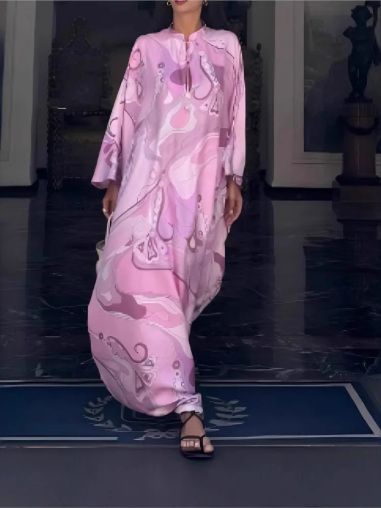 

New Loose Casual Fashion Printed Tie Temperament Dress 2025 Women's V-neck Bat Sleeve Elegant Pullover Commuting Long Skirt