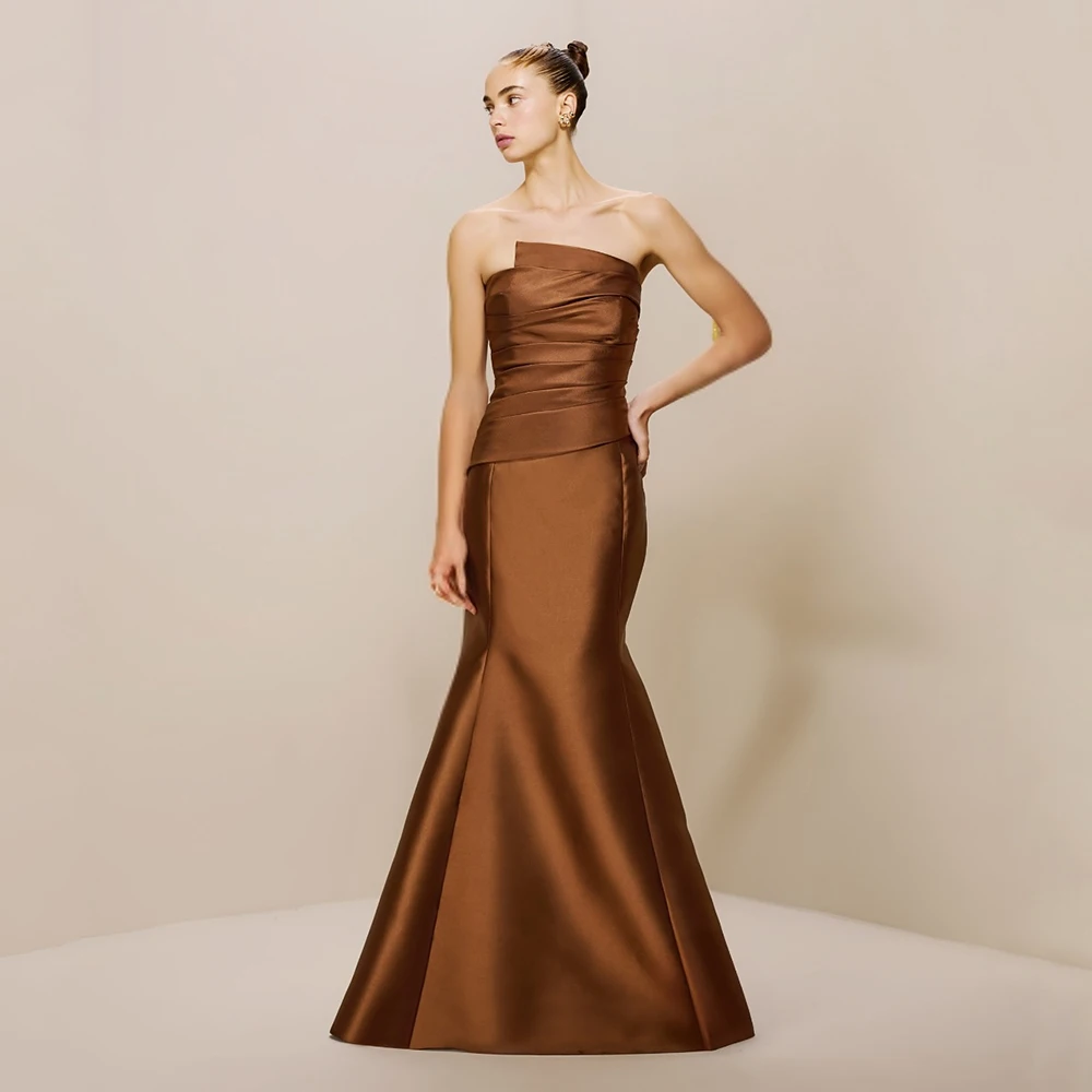 

Вечернее платье русалки, атласное плиссированное платье без бретелек без рукавов, женские вечерние платья, длинные асимметричные простые вечерние платья