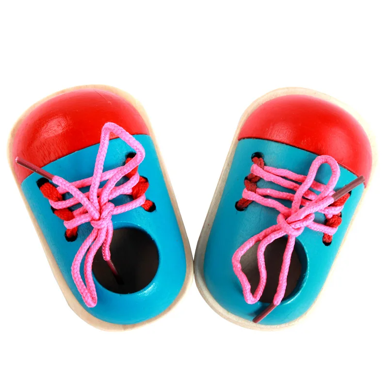 Montessori Toddler Lacing Shoes Wooden Toys Learn To Tie Shoelaces Threading Toy Kids Children Early Educational Learning Gifts